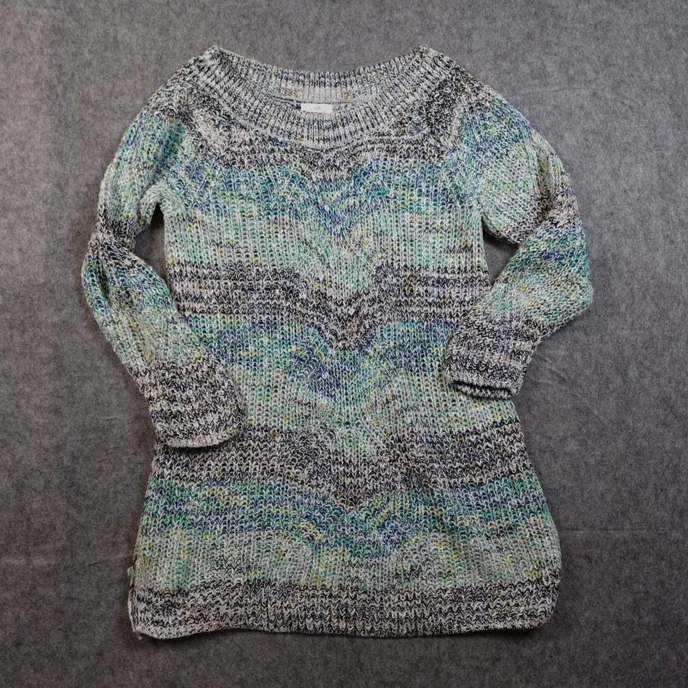 J Jill Sweater Womens Small Tunic Chunky Knit Marled Blue Stripe Cotton Pullover